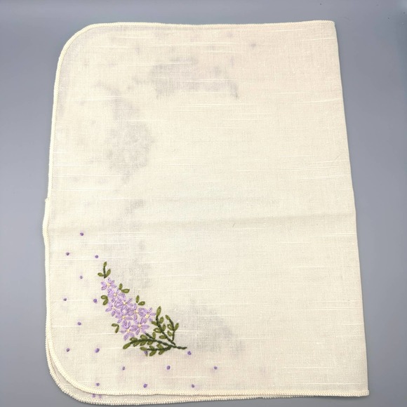Linen Placemats & Napkins Hand Embroidered Set of 4 Ecru Purple Vintage - Picture 4 of 10